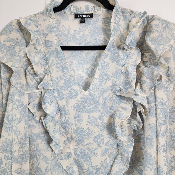 Express Cottagecore Boho Ruffle Poet Blouse Xs Blue Cream - Picture 3 of 11